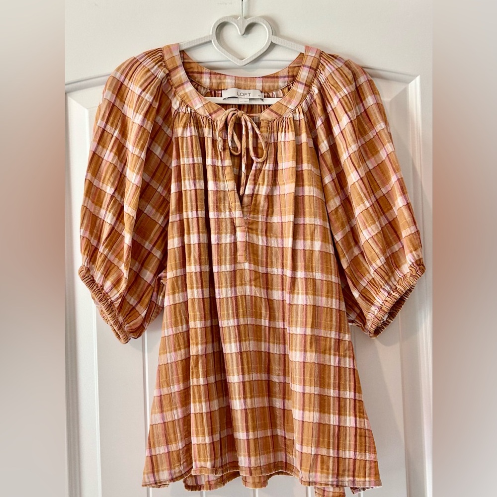LOFT Rust and Pink Plaid Peasant Tunic